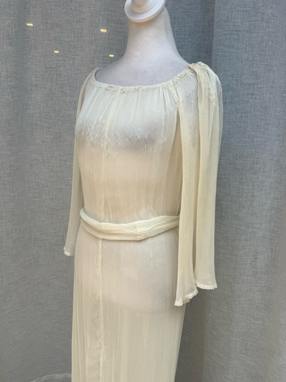 Olivaceous ivory sheer micro pleated plisse long sleeve maxi dress